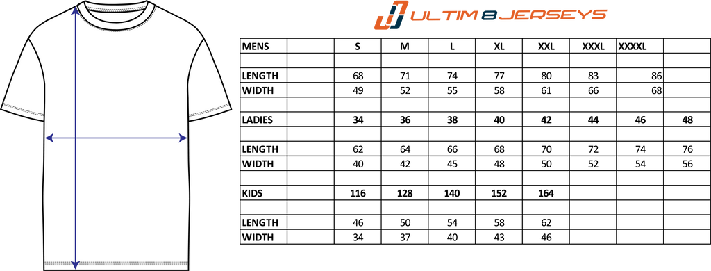 Maattabel ULTIM8FANS sportshirts – maten S tot 4XL